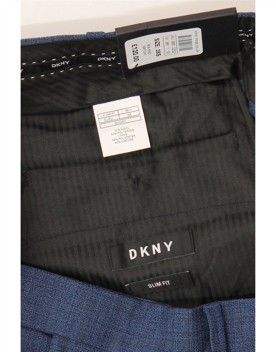Pantaloni da abito slim fit da uomo DKNY W38 L29 lana blu