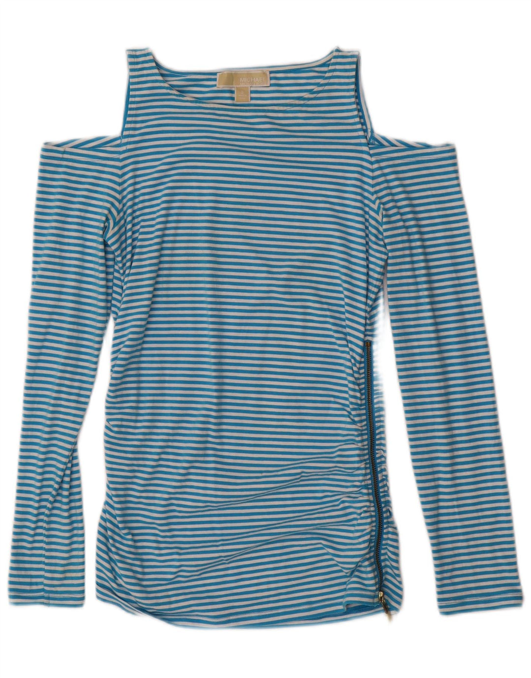 MICHAEL KORS Top da donna con spalle scoperte manica lunga UK 10 piccolo a righe blu