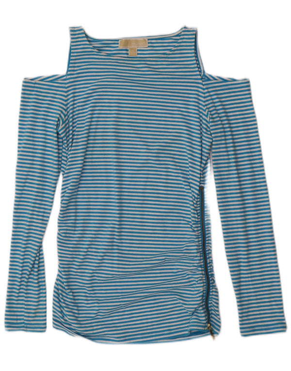 MICHAEL KORS Top da donna con spalle scoperte manica lunga UK 10 piccolo a righe blu