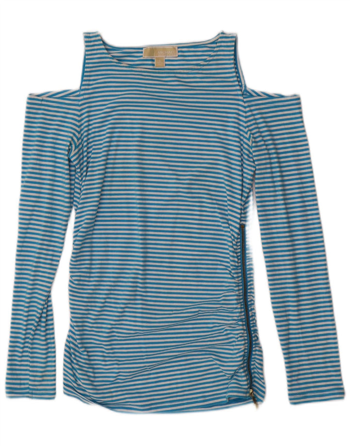 MICHAEL KORS Top da donna con spalle scoperte manica lunga UK 10 piccolo a righe blu