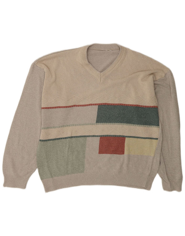 Maglione vintage da uomo con scollo a V IT 58 2XL Verde geometrico