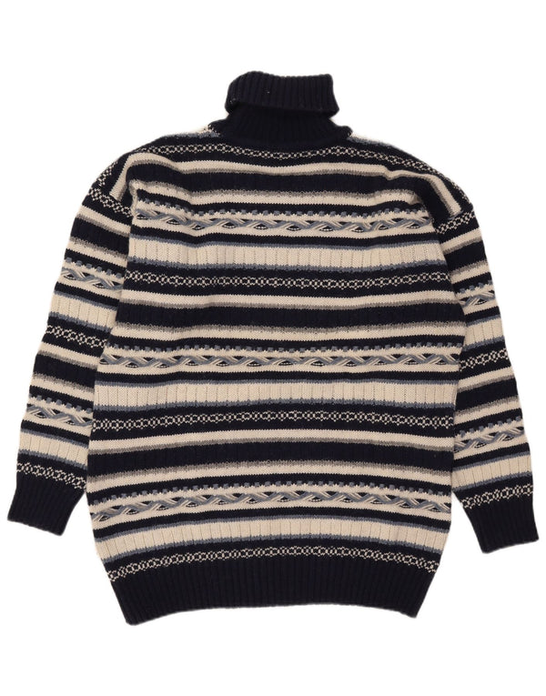 Maglione maglione vintage da uomo con collo alto in lana a righe blu navy medie