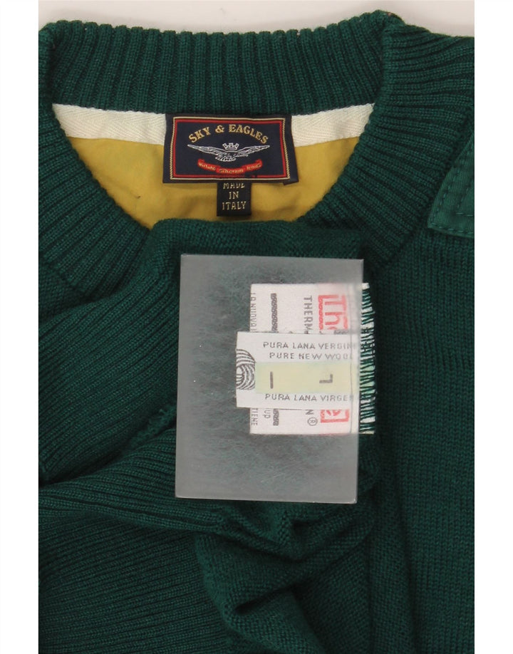 Maglione girocollo da uomo vintage in lana vergine verde grande