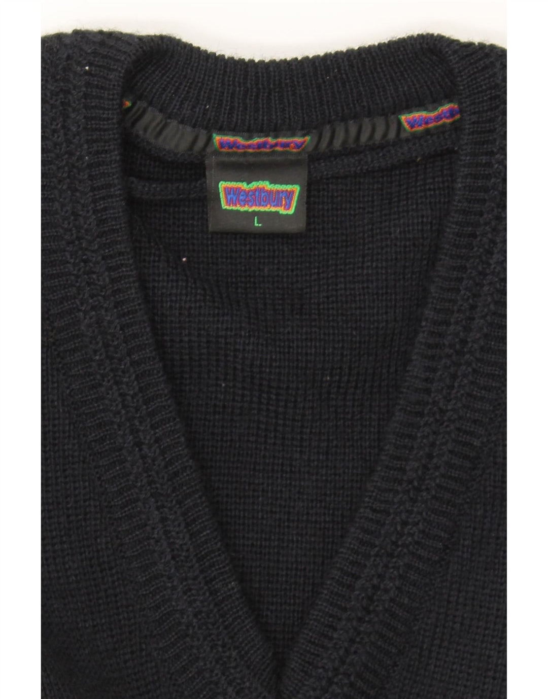 WESTBURY Mens V-Neck Jumper Sweater Large Black Striped Cotton Vintage WESTBURY and Second-Hand WESTBURY from Messina Hembry 