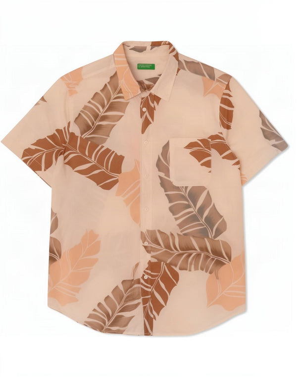 Camicia a maniche corte hawaiana da uomo Benetton 3XL in cotone floreale bianco sporco