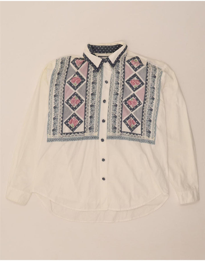 Camicetta camicia oversize da donna vintage UK 14 Cotone geometrico bianco medio
