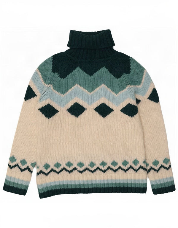 Maglione maglione vintage da donna con collo alto UK 18 XL lana geometrica bianca
