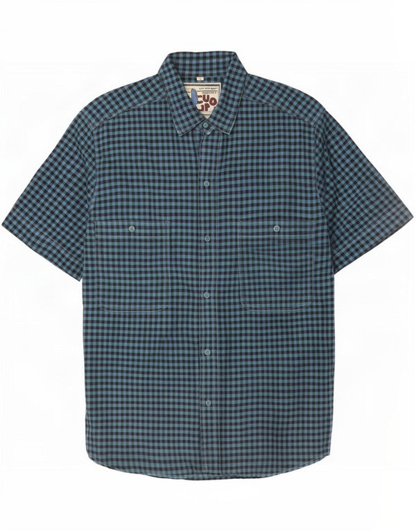 Camicia vintage da uomo a maniche corte lunga grande in cotone a quadretti blu