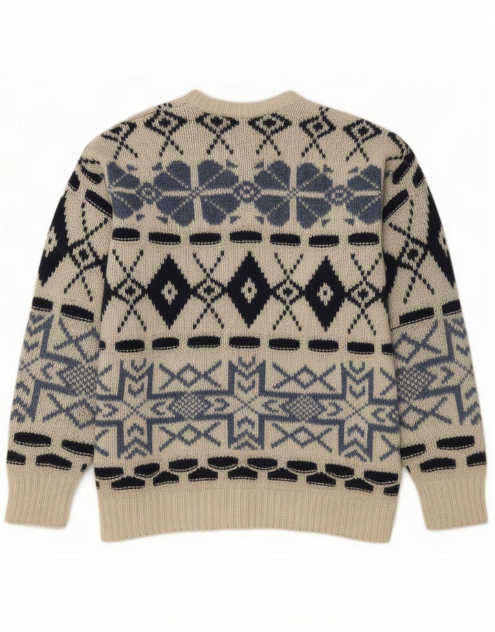 Maglione maglione girocollo da uomo Shetland grande bianco sporco Fair Isle