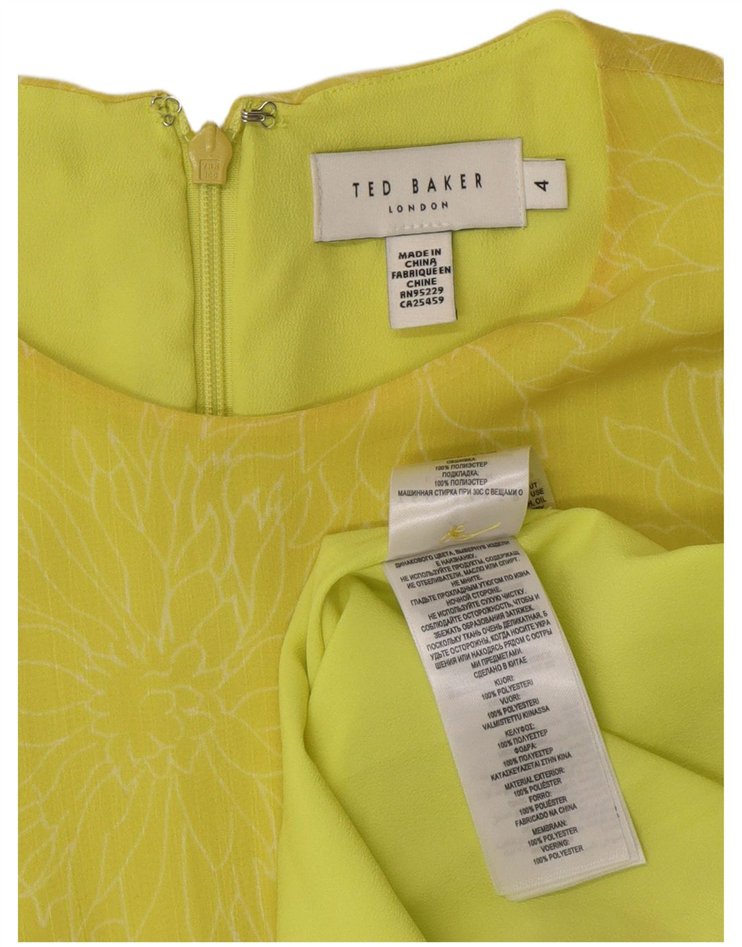 TED BAKER Abito da donna a trapezio con volant taglia 4 Grande poliestere floreale giallo