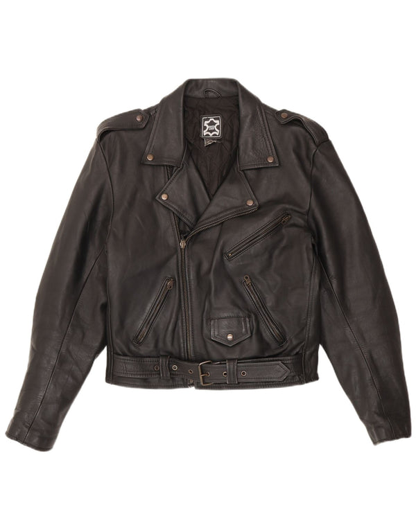 Giacca da motociclista in pelle militare vintage da uomo IT 50 media nera