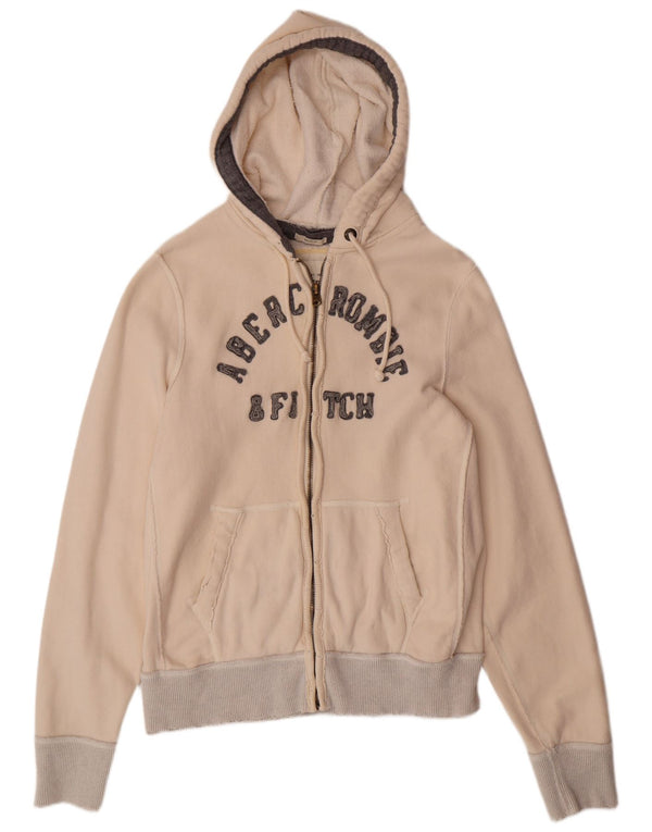 Maglione con cappuccio e zip invecchiato da uomo Abercrombie & Fitch 2XL in cotone bianco sporco