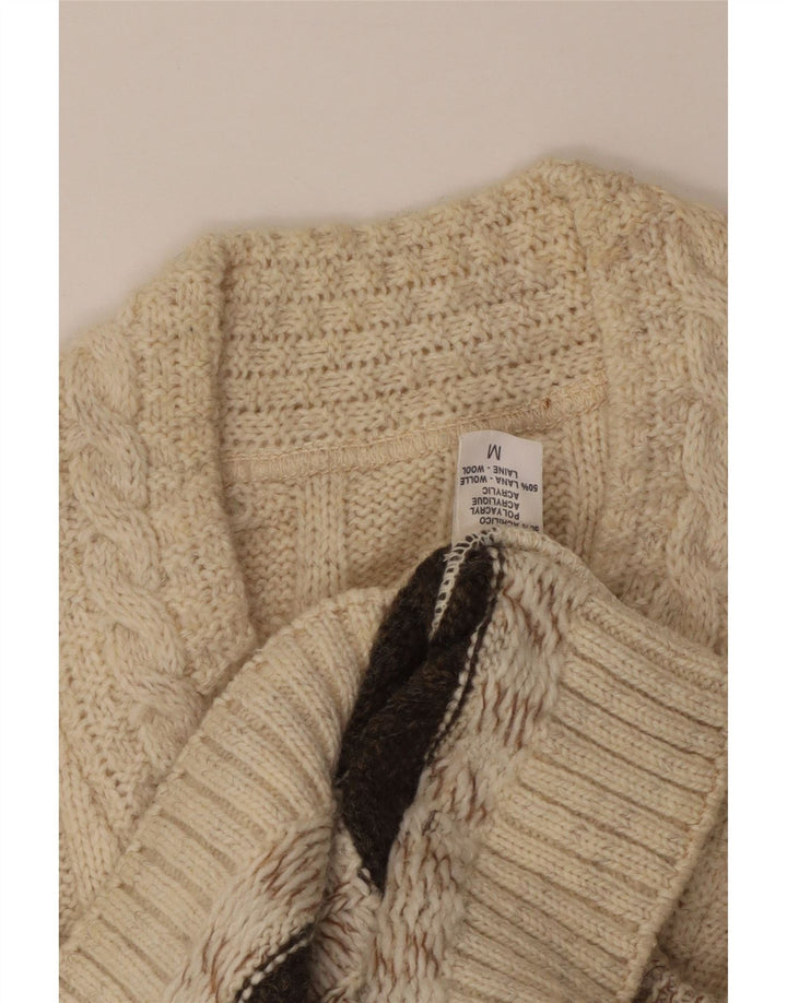 Maglione vintage da uomo con scollo a V, acrilico Fair Isle, beige medio