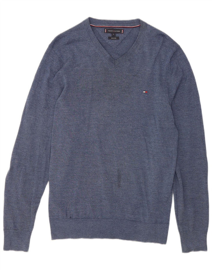 Maglione maglione con scollo a V da uomo Tommy Hilfiger blu medio in lana merino
