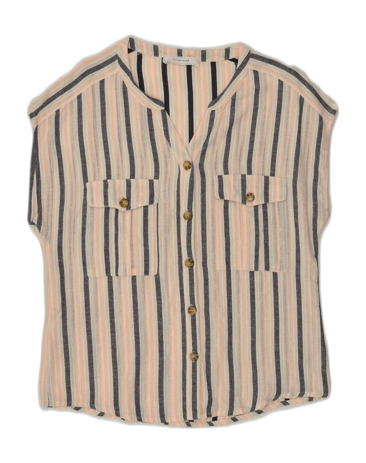 PROMOD Womens Sleeveless Shirt Blouse UK 14 Large Beige Striped | Vintage Promod | Thrift | Second-Hand Promod | Used Clothing | Messina Hembry 