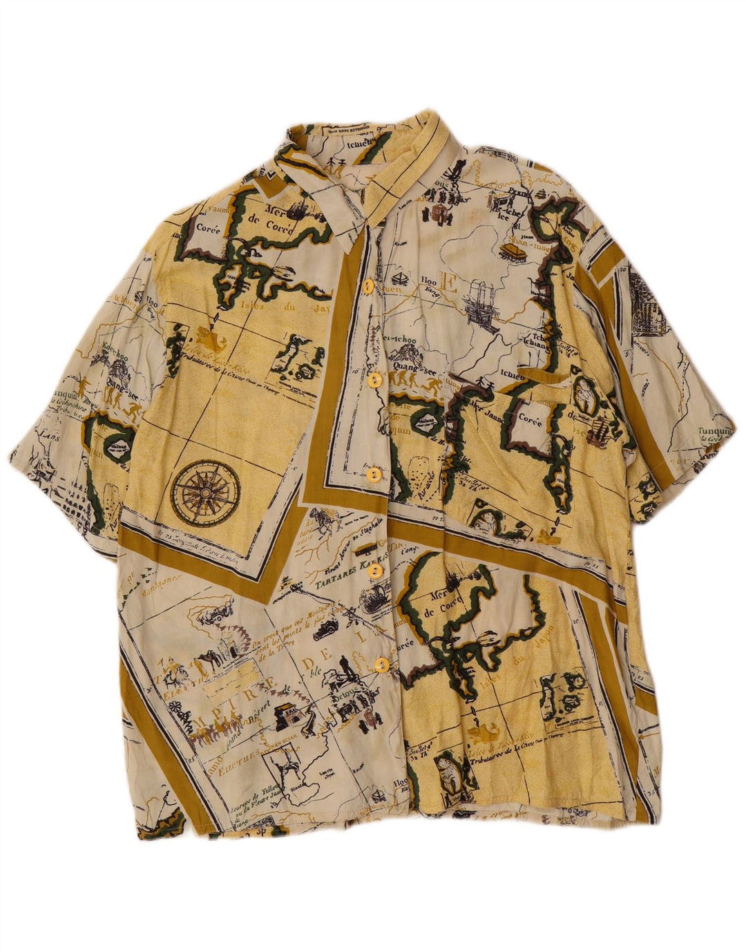 Camicia vintage da donna a maniche corte con motivo astratto UK 14 grande gialla
