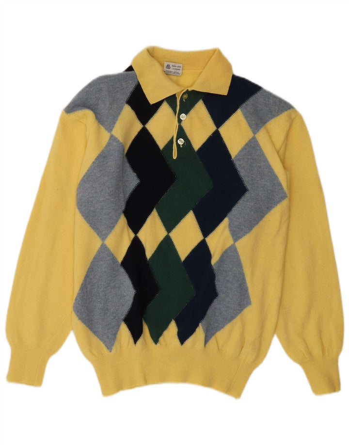 CAGI Mens Polo Neck Jumper Sweater Medium Yellow Argyle/Diamond Wool