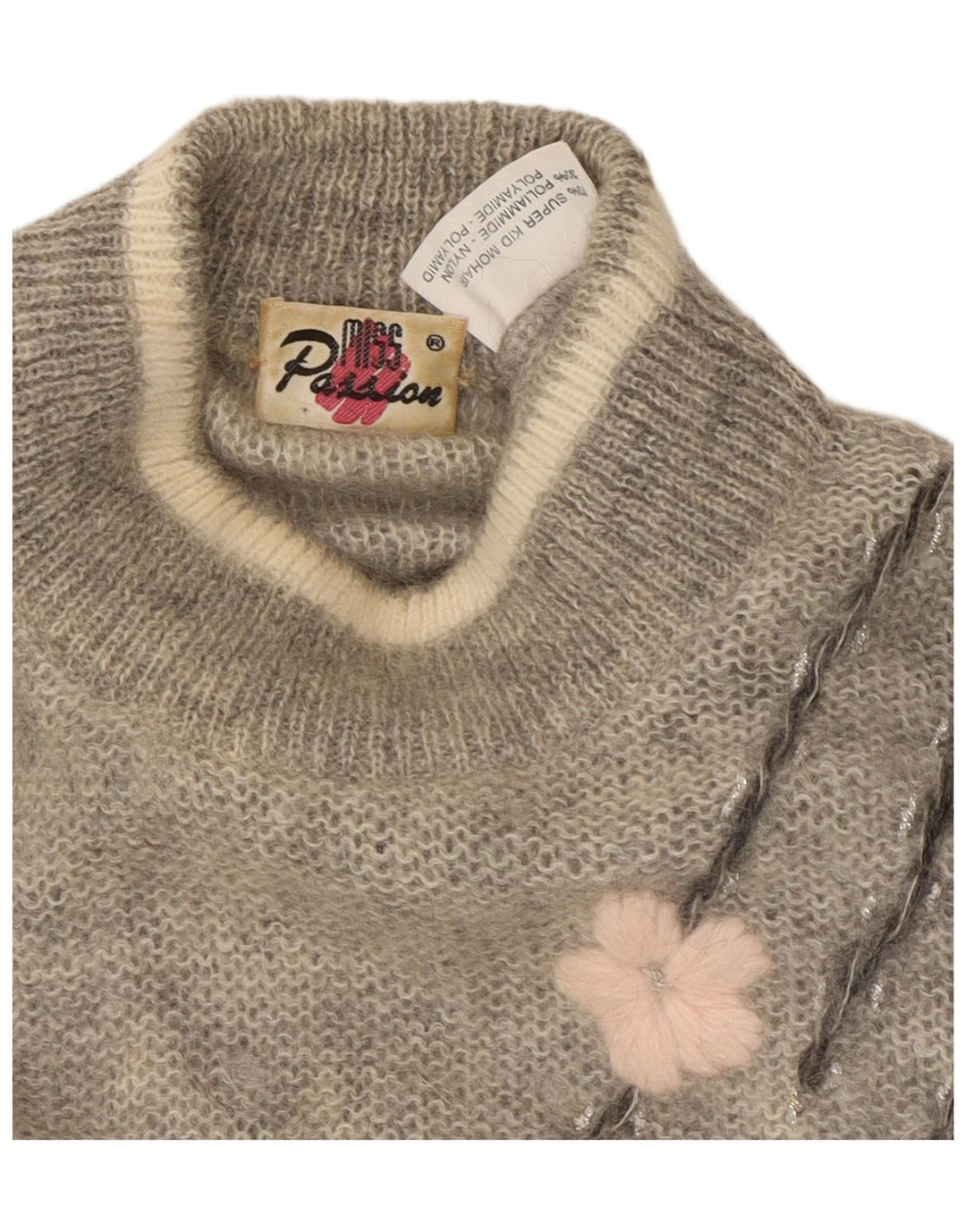 Maglione maglione collo alto da donna VINTAGE UK 18 XL Mohair floreale grigio