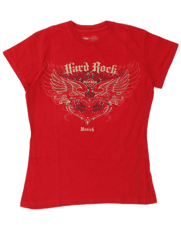 T-shirt grafica da donna Hard Rock Cafe Monaco di Baviera UK 12 Medium Red Music