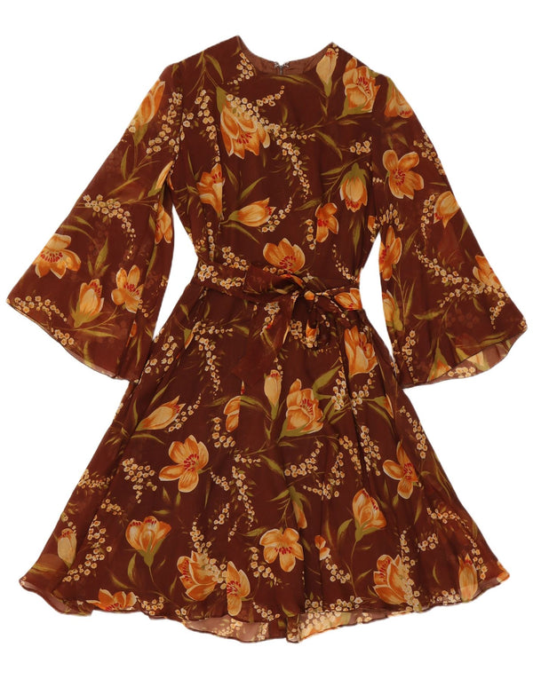 Abito vintage da donna a linea A con maniche a 3/4 UK 12 Marrone medio floreale