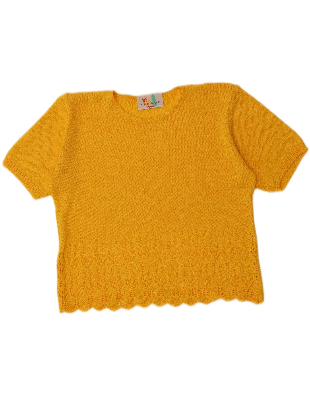 VISAGE Womens Crop Crew Neck Jumper Sweater UK 14 Medium Yellow Vintage Visage and Second-Hand Visage from Messina Hembry 