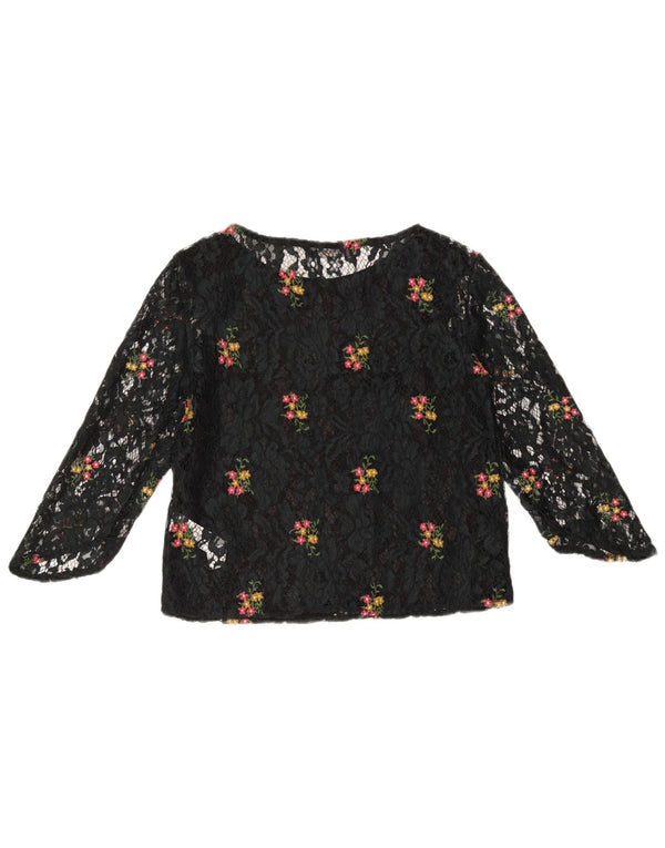 Top ZARA da donna in pizzo trasparente con maniche a 3/4 UK 6 XS blu navy floreale