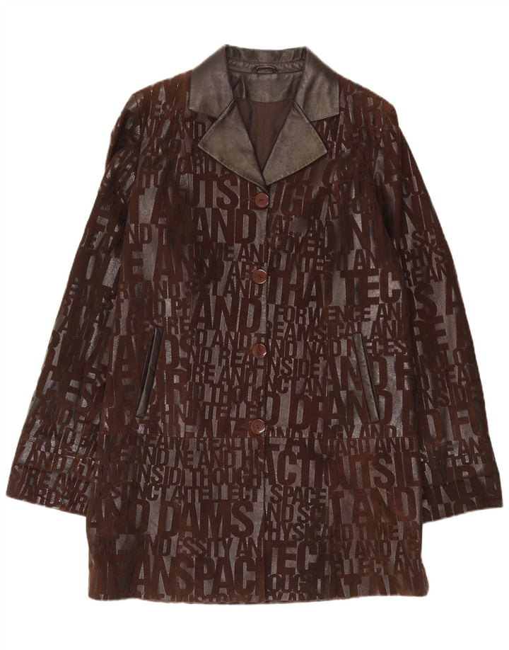 Cappotto in pelle grafica da donna vintage UK 14 Pelle marrone medio
