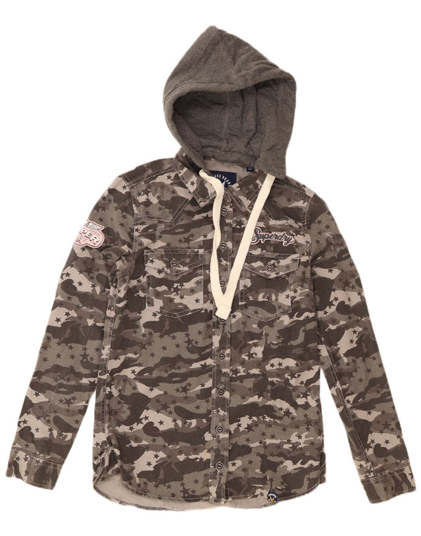 Camicia in denim con cappuccio grafico da donna Superdry UK 8 Small Grey Camouflage