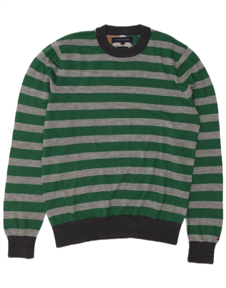 Tommy Hilfiger Uomo Maglione Girocollo Maglione di Lana a Righe Verdi Grandi