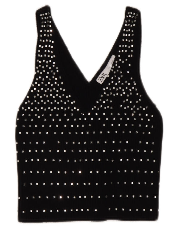 Top corto senza maniche da donna Zara UK 12 medio nero maculato