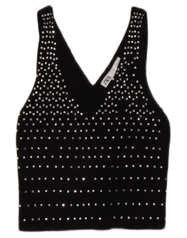 Top corto senza maniche da donna Zara UK 12 medio nero maculato