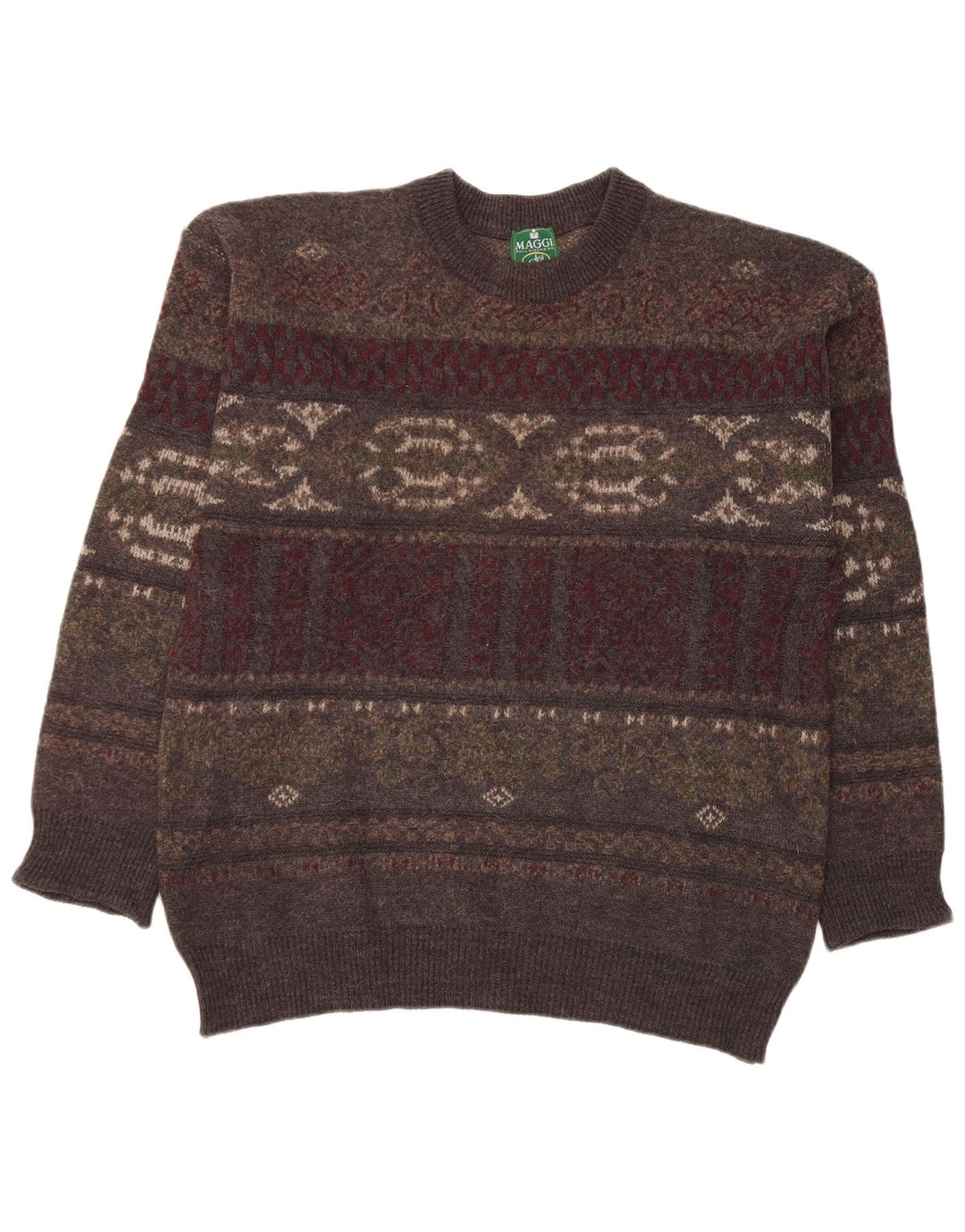 Maglione girocollo da uomo vintage in lana Fair Isle grigia grande