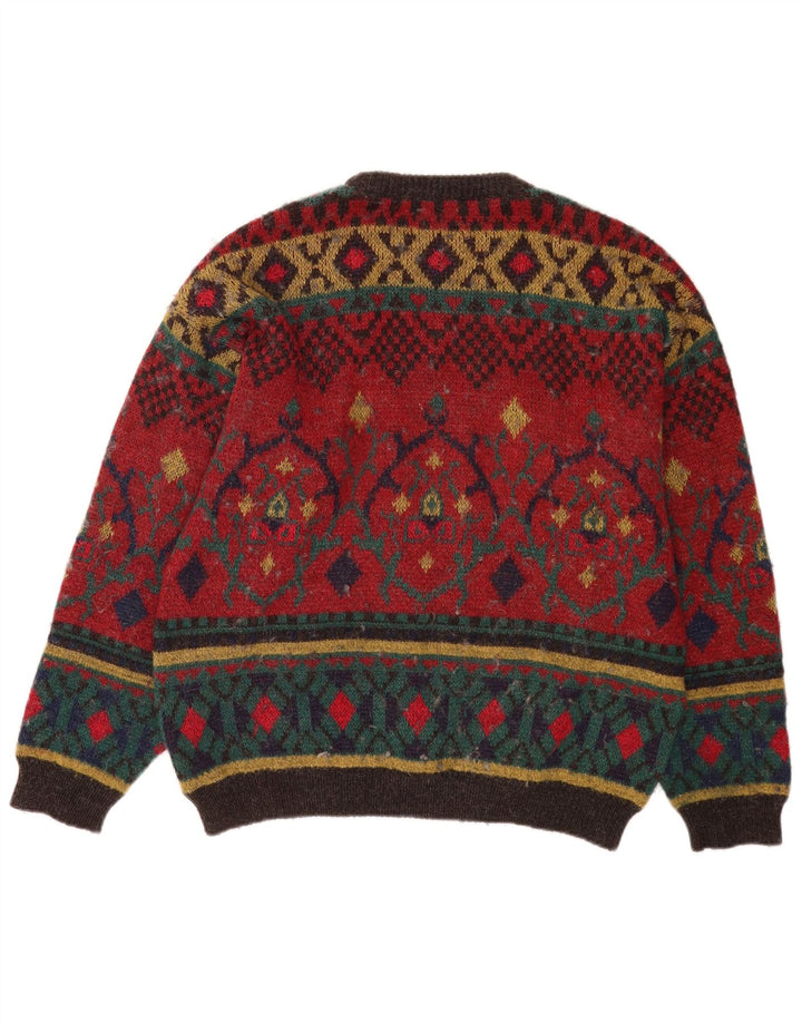 Maglione vintage da uomo con scollo a barca, grande lana geometrica rossa
