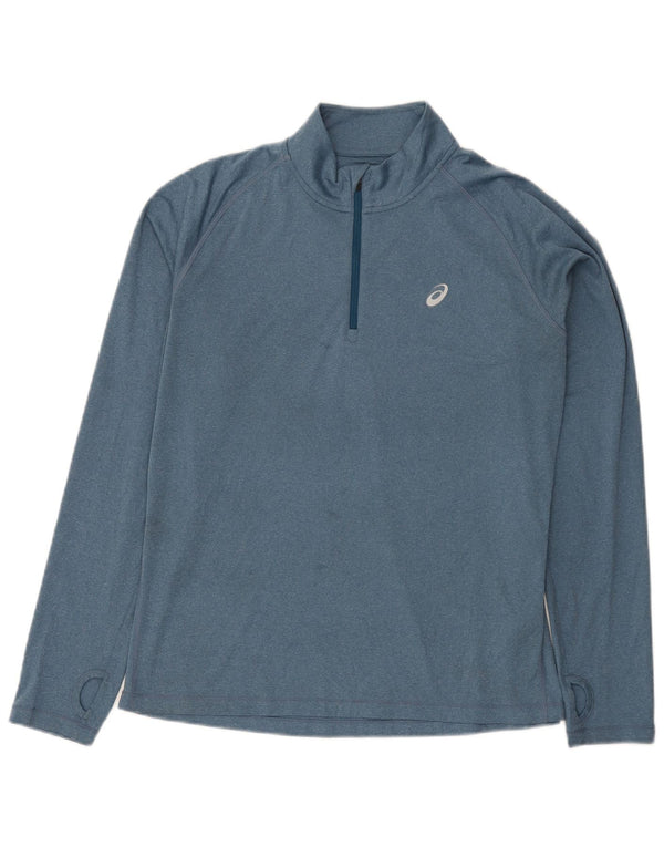 Asics Uomo Zip Neck Pullover Tuta Top Large Blu Poliestere