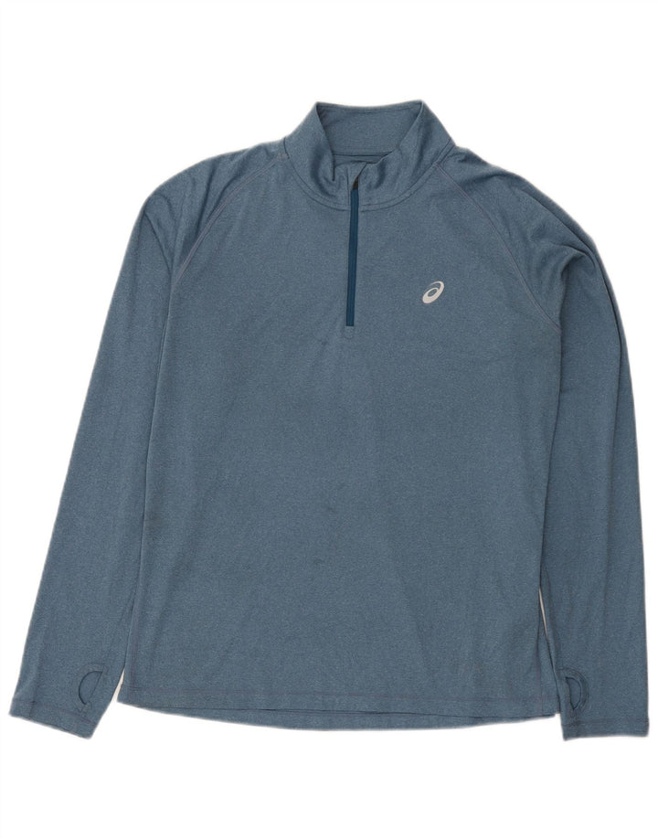 Asics Uomo Zip Neck Pullover Tuta Top Large Blu Poliestere