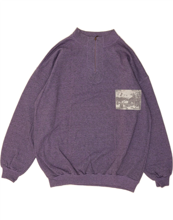 ACTIVE Mens Zip Neck Sweatshirt Jumper Large Purple Flecked Cotton Vintage Active and Second-Hand Active from Messina Hembry 