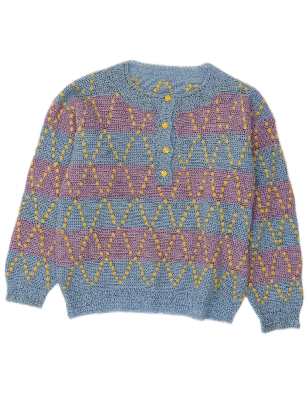 Maglione da donna VINTAGE con collo a bottoni UK 12 a righe blu medio
