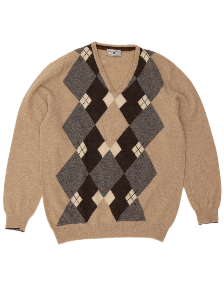 Maglione da uomo con scollo a V Melaverde 2XL Beige Argyle/Lana diamante