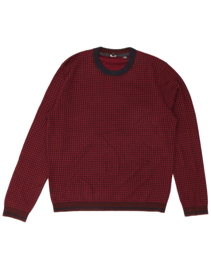 Maglione maglione girocollo da uomo Ted Baker taglia 5 XL lana a quadri bordeaux