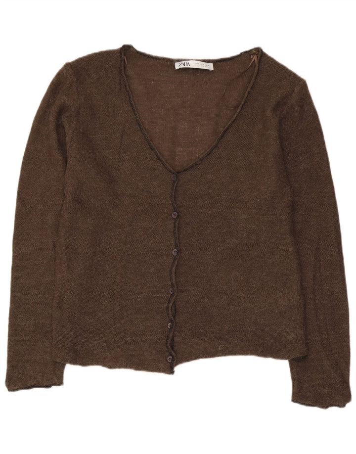 Maglione cardigan corto da donna Zara UK 10 piccolo marrone in poliammide