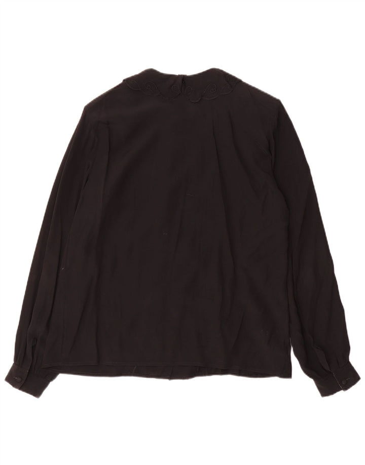 Camicetta camicia vintage da donna UK 12 acetato nero medio