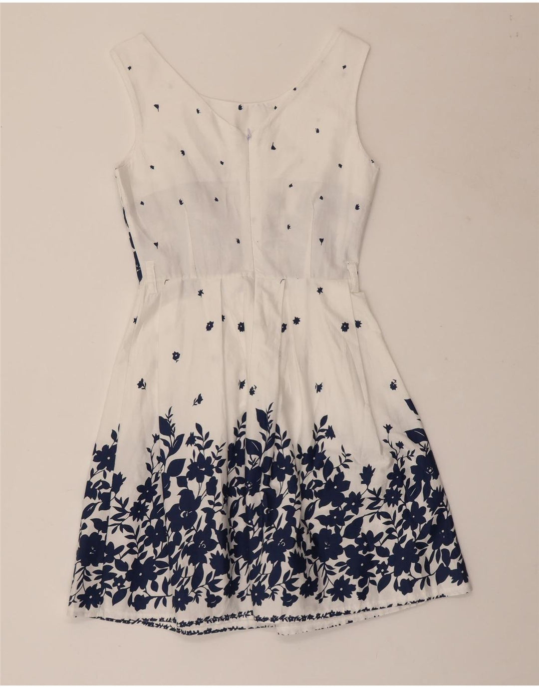 Abito a trapezio senza maniche da donna VINTAGE UK 8 piccolo cotone floreale bianco