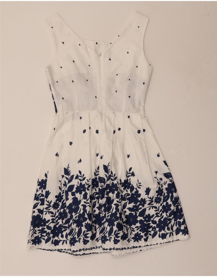 Abito a trapezio senza maniche da donna VINTAGE UK 8 piccolo cotone floreale bianco