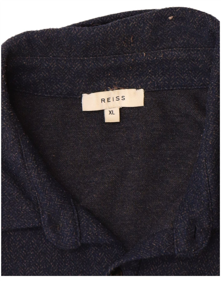 Camicia in flanella da uomo Reiss XL poliestere a spina di pesce blu navy
