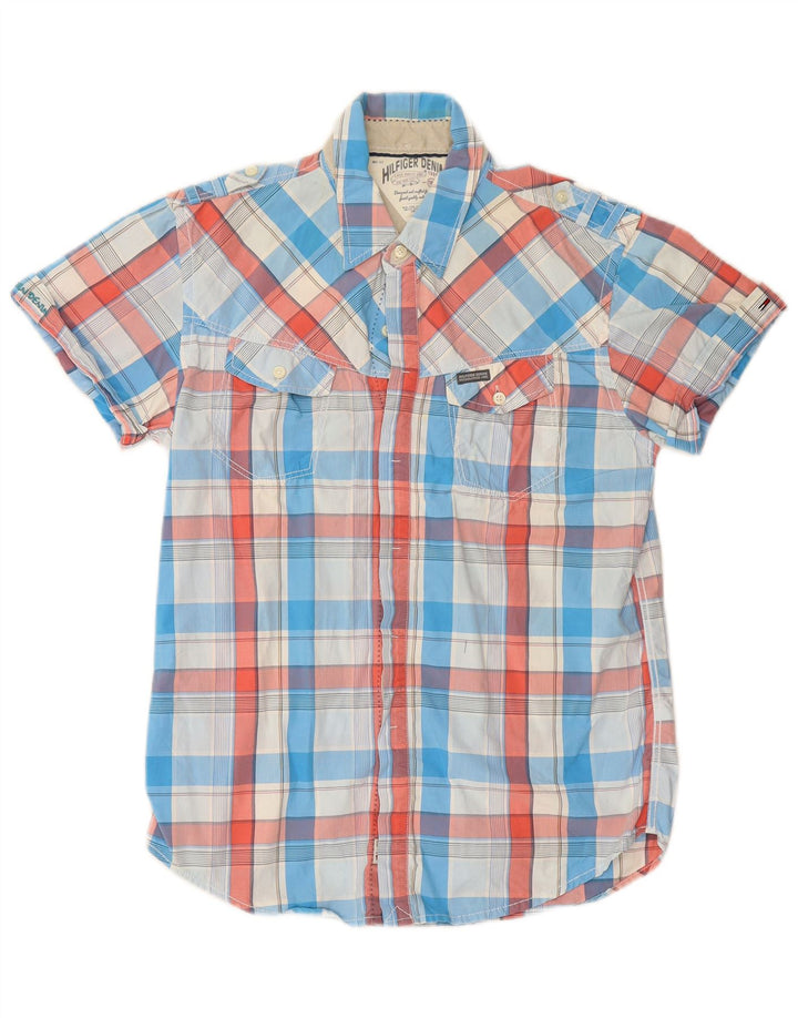 TOMMY HILFIGER Camicia militare a maniche corte da uomo in cotone a quadri blu medio