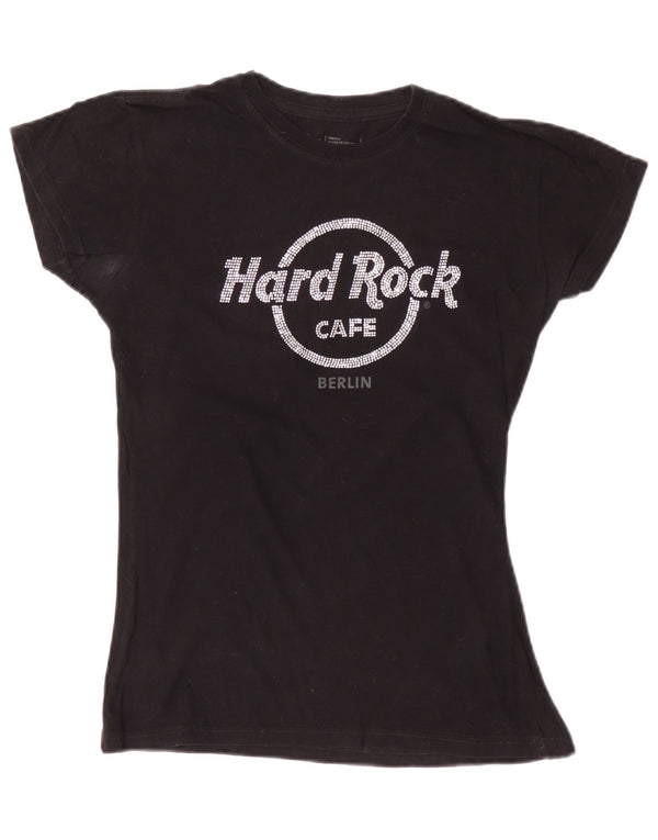 T-shirt grafica da donna Hard Rock Cafe Berlino Top UK 8 piccola in cotone nero
