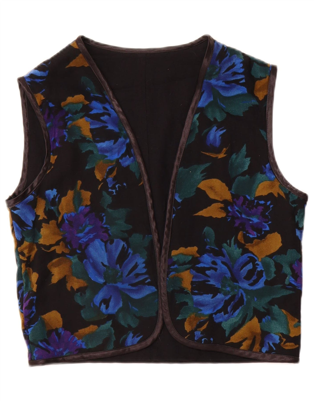 Gilet OPEN da donna vintage UK 12 medio nero floreale