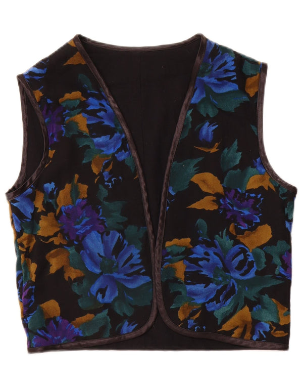 Gilet OPEN da donna vintage UK 12 medio nero floreale