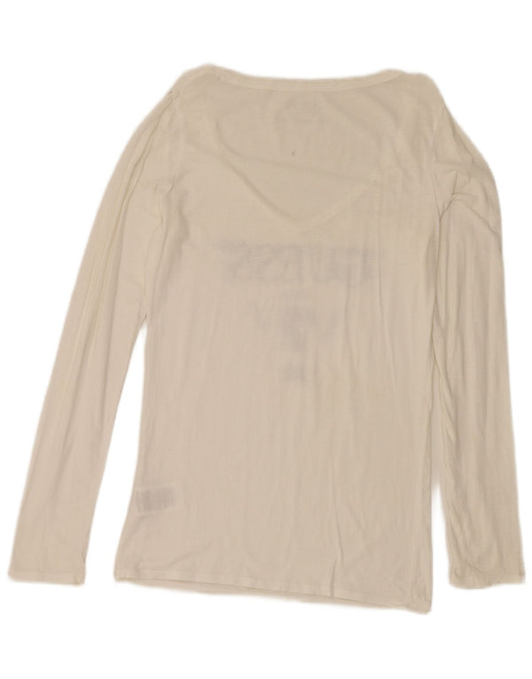 Guess Top grafico da donna a maniche lunghe UK 12 Medio Bianco sporco Cotone