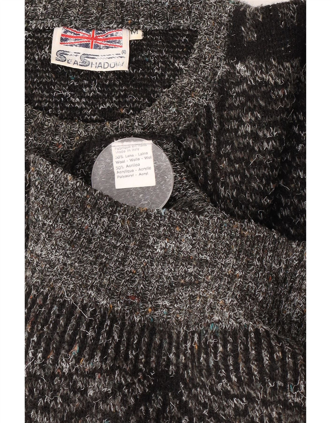 Maglione vintage da uomo con scollo a barca in lana geometrica grigio medio